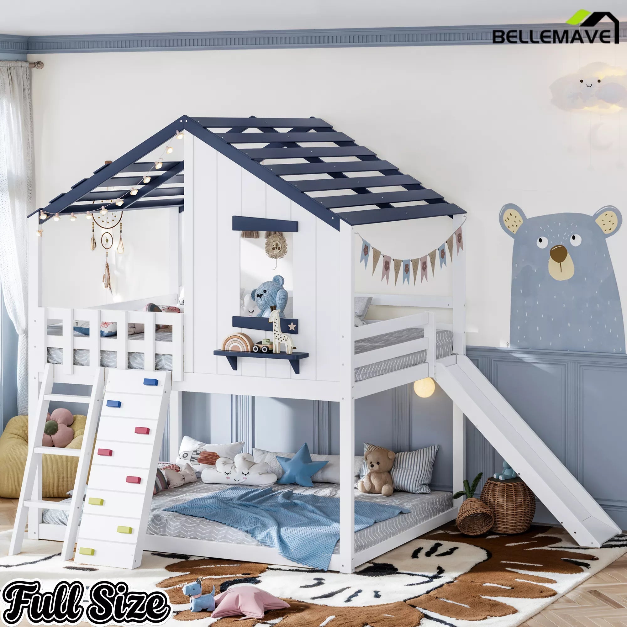 House shaped loft bed with slide for kids room