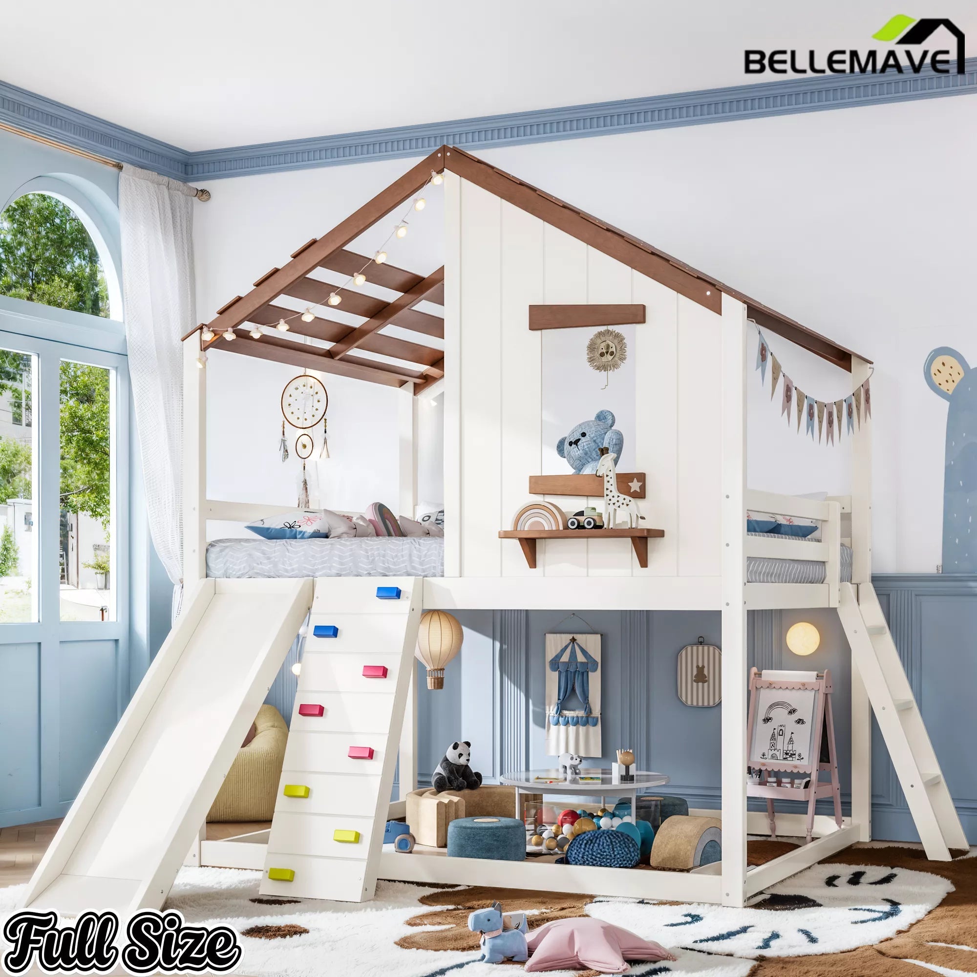 Full kids loft bed with house roof design