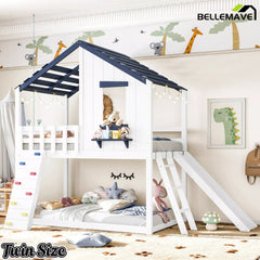 Twin wood loft bed with house-shaped roof, movable slide, ladder and flexible placement design for children