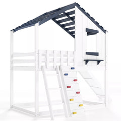 Kids loft bed with house shaped roof and window design
