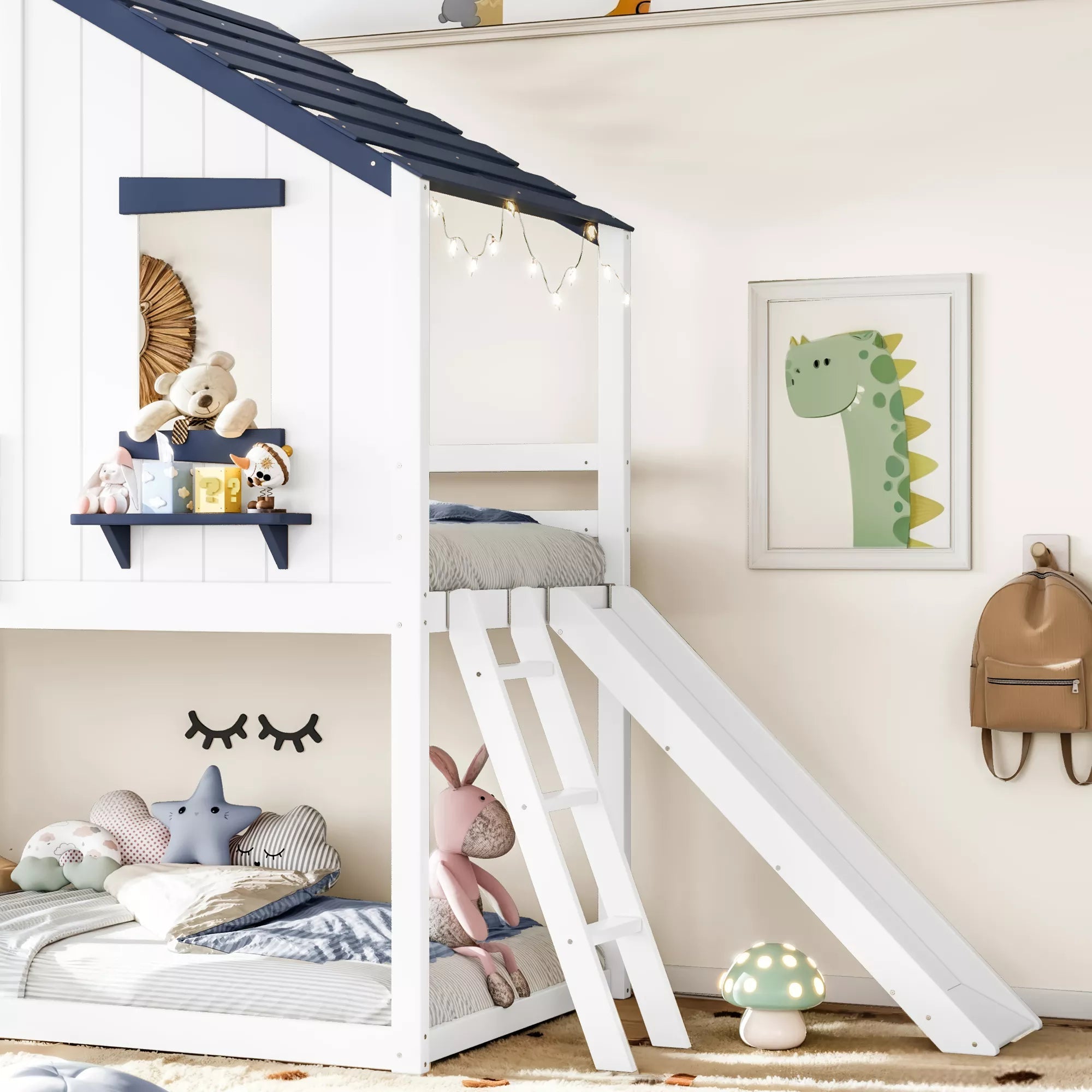 Convertible playhouse loft bed with slide and flexible placement design
