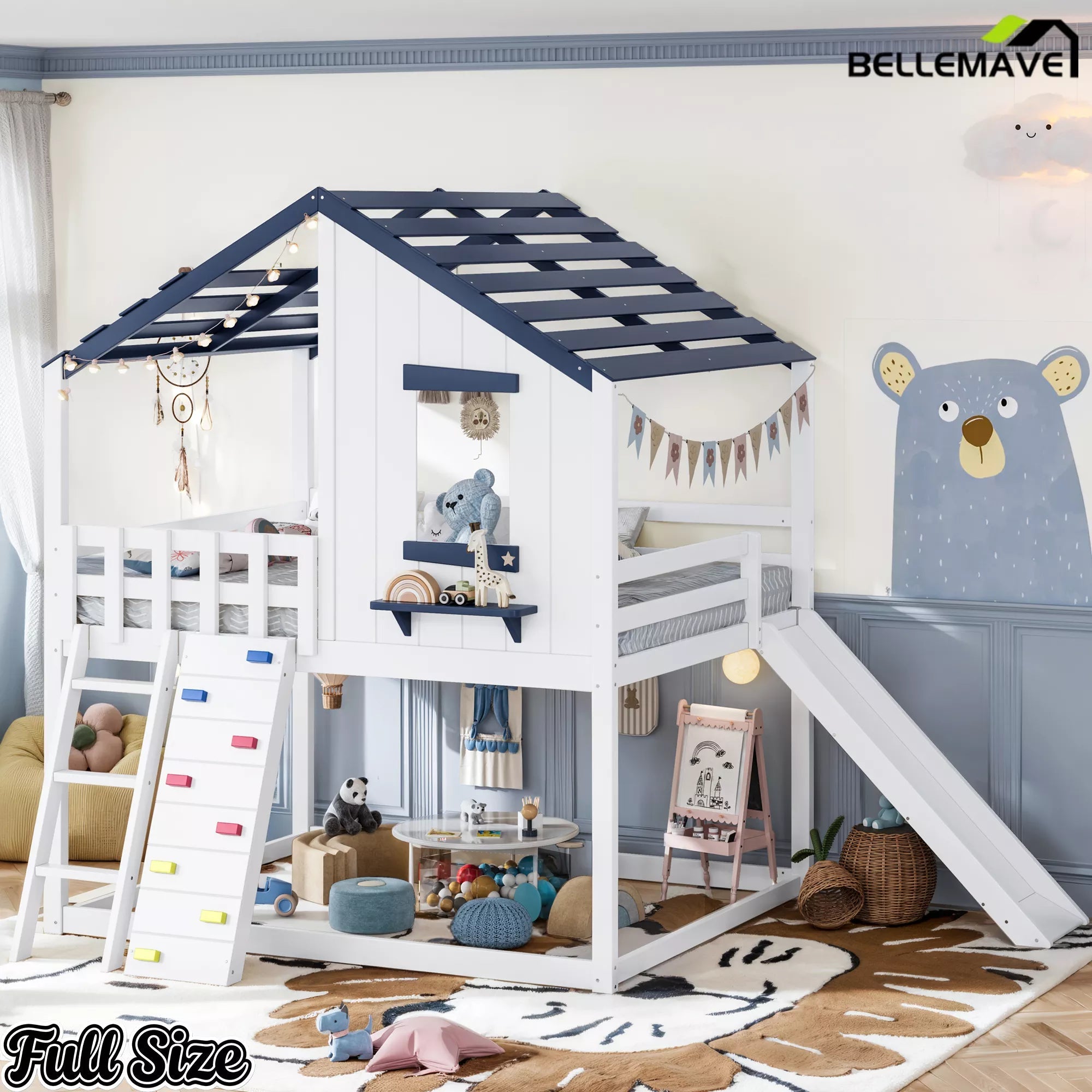 Full playhouse loft bed with lower play area