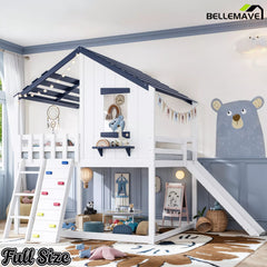 Kids house loft bed with slide and window design
