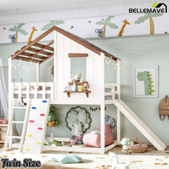 Twin house loft bed with movable slide
