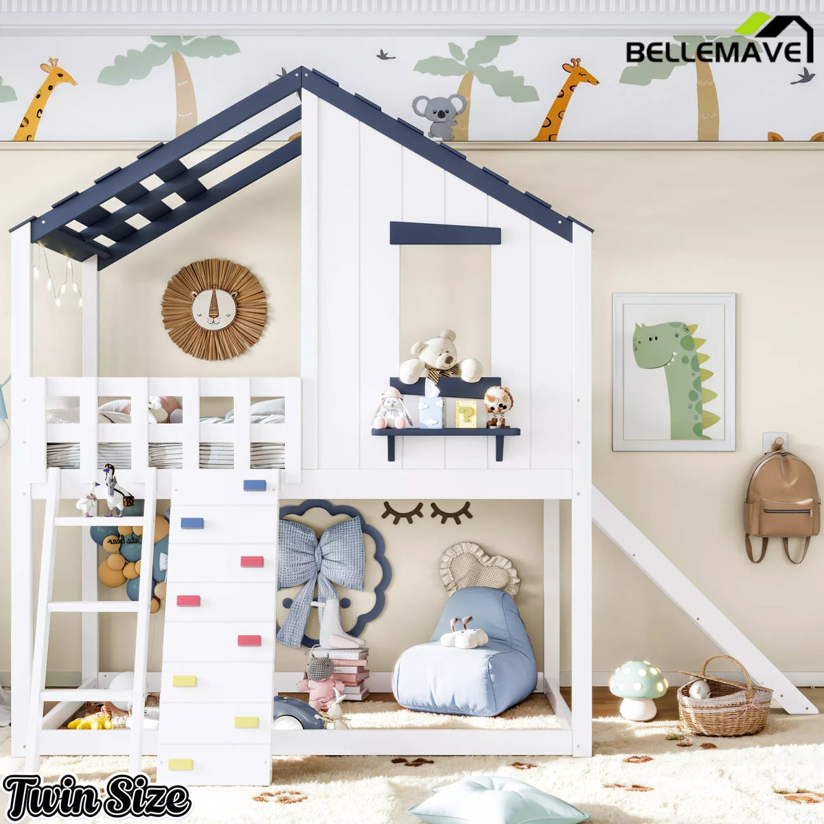 Twin house loft bed with ladder and slide