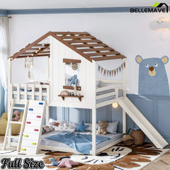 Full loft bed with slide and playhouse structure