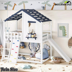 Twin wood loft bed frame with playhouse style