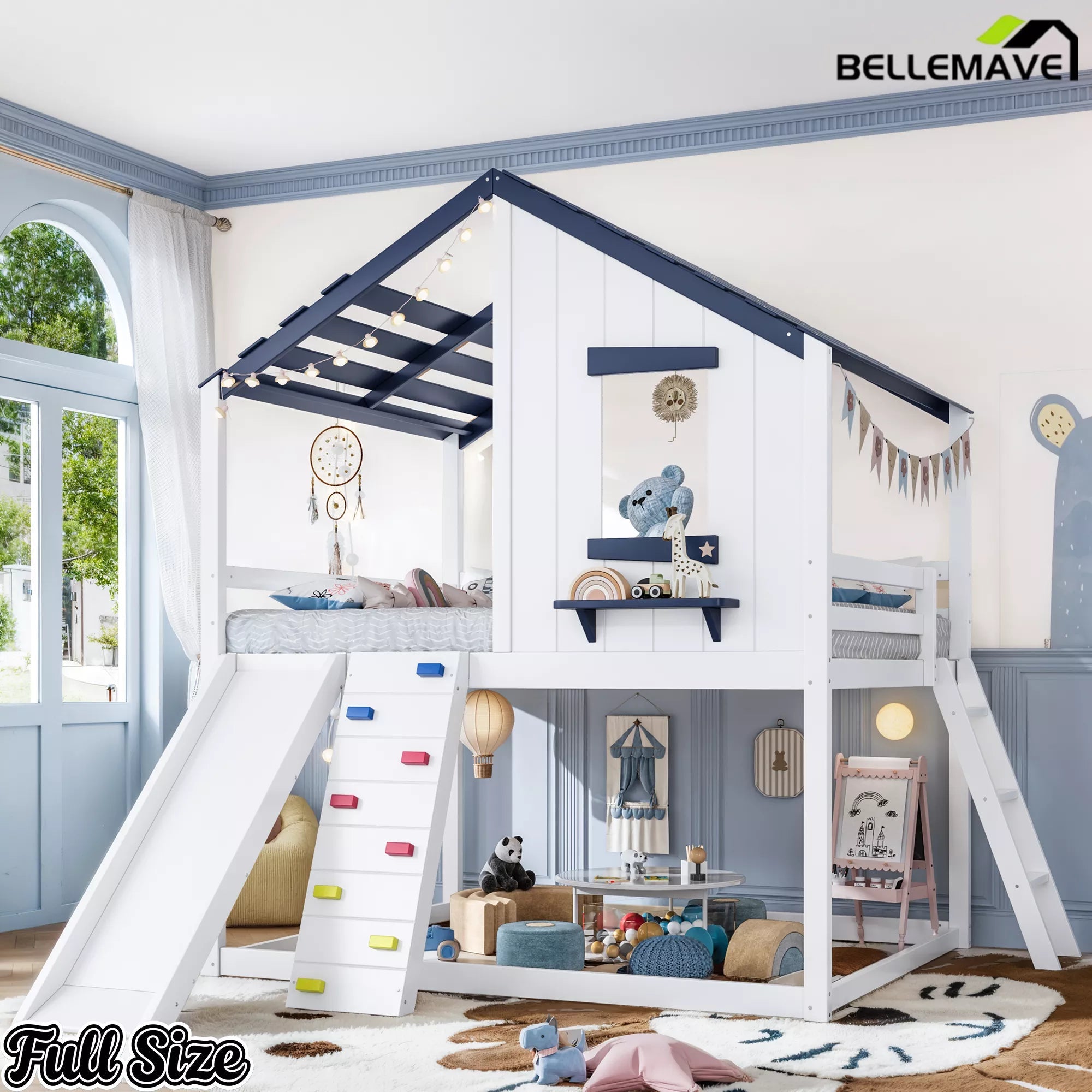 Full kids loft bed with ladder slide and roof