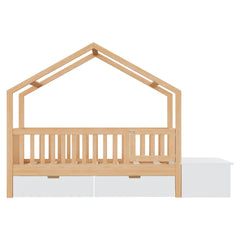 Bellemave® Playhouse Shaped Kids Bed with Roof & 2 Storage Drawers, Solid Wood Bed Frame with Guardrails & Lift - Top Chest, Natural White - Bellemave