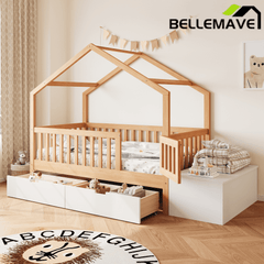 Bellemave® Playhouse Shaped Kids Bed with Roof & 2 Storage Drawers, Solid Wood Bed Frame with Guardrails & Lift - Top Chest, Natural White - Bellemave
