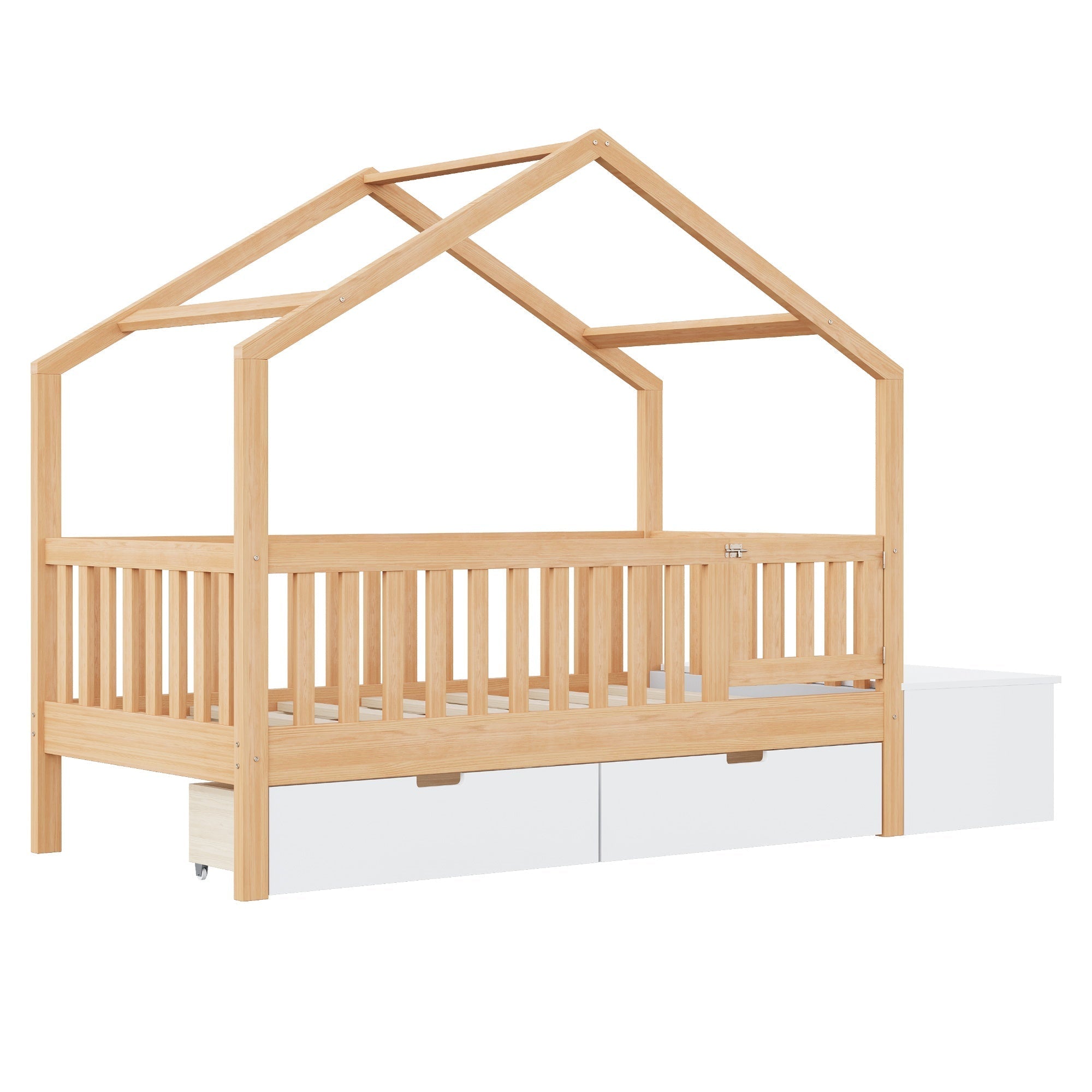 Bellemave® Playhouse Shaped Kids Bed with Roof & 2 Storage Drawers, Solid Wood Bed Frame with Guardrails & Lift - Top Chest, Natural White - Bellemave
