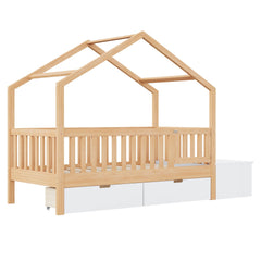 Bellemave® Playhouse Shaped Kids Bed with Roof & 2 Storage Drawers, Solid Wood Bed Frame with Guardrails & Lift - Top Chest, Natural White - Bellemave