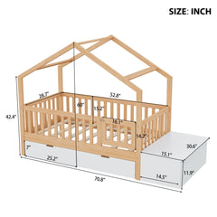 Bellemave® Playhouse Shaped Kids Bed with Roof & 2 Storage Drawers, Solid Wood Bed Frame with Guardrails & Lift - Top Chest, Natural White - Bellemave