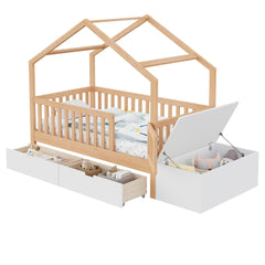 Bellemave® Playhouse Shaped Kids Bed with Roof & 2 Storage Drawers, Solid Wood Bed Frame with Guardrails & Lift - Top Chest, Natural White - Bellemave