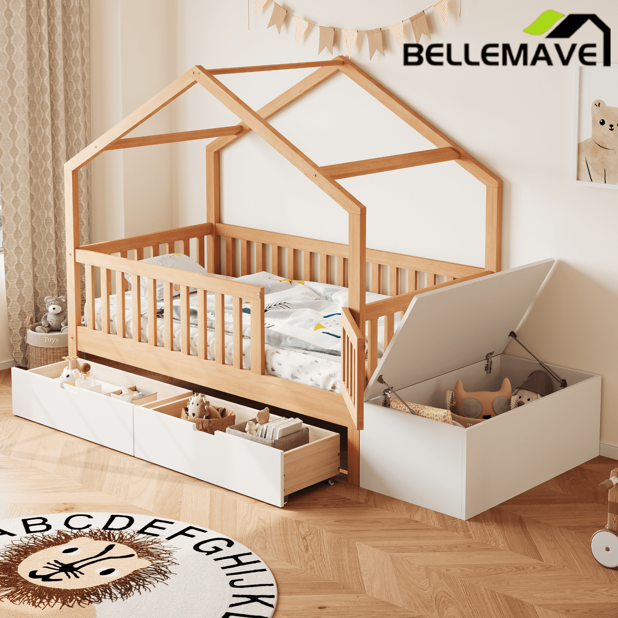 Bellemave® Playhouse Shaped Kids Bed with Roof & 2 Storage Drawers, Solid Wood Bed Frame with Guardrails & Lift - Top Chest, Natural White - Bellemave