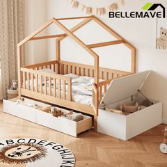 Bellemave® Playhouse Shaped Kids Bed with Roof & 2 Storage Drawers, Solid Wood Bed Frame with Guardrails & Lift - Top Chest, Natural White - Bellemave