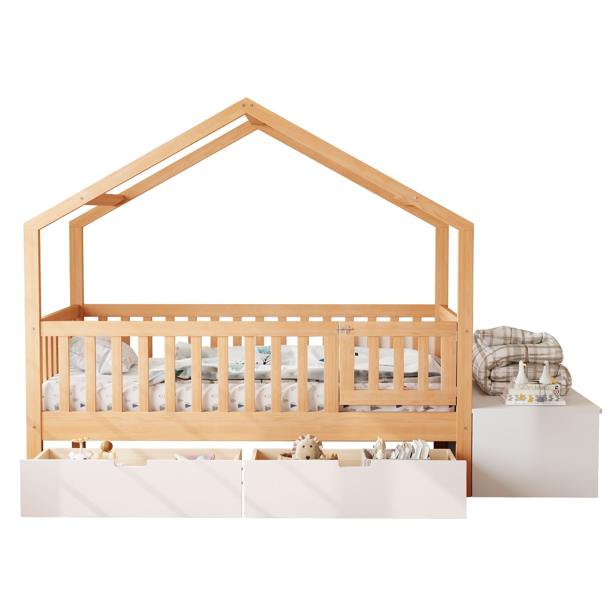 Bellemave® Playhouse Shaped Kids Bed with Roof & 2 Storage Drawers, Solid Wood Bed Frame with Guardrails & Lift - Top Chest, Natural White - Bellemave