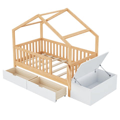 Bellemave® Playhouse Shaped Kids Bed with Roof & 2 Storage Drawers, Solid Wood Bed Frame with Guardrails & Lift - Top Chest, Natural White - Bellemave