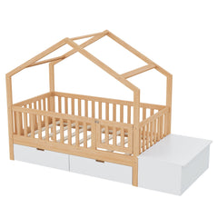 Bellemave® Playhouse Shaped Kids Bed with Roof & 2 Storage Drawers, Solid Wood Bed Frame with Guardrails & Lift - Top Chest, Natural White - Bellemave