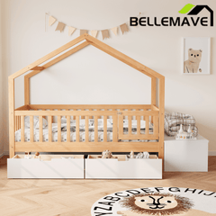 Bellemave® Playhouse Shaped Kids Bed with Roof & 2 Storage Drawers, Solid Wood Bed Frame with Guardrails & Lift - Top Chest, Natural White - Bellemave