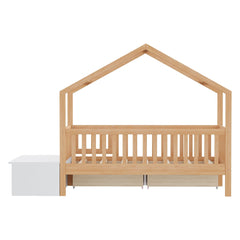 Bellemave® Playhouse Shaped Kids Bed with Roof & 2 Storage Drawers, Solid Wood Bed Frame with Guardrails & Lift - Top Chest, Natural White - Bellemave