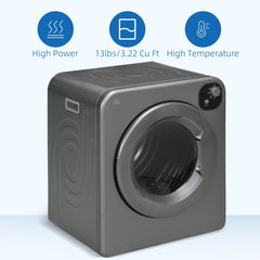 Bellemave® Portable Clothes Dryer, 120V 1300W Compact Laundry Dryer with Intelligent Drying, 3.2 cu.ft Stainless Steel Drum, Front Load Electric Dryer for Apartments, Dorms, RVs, Gray - Bellemave