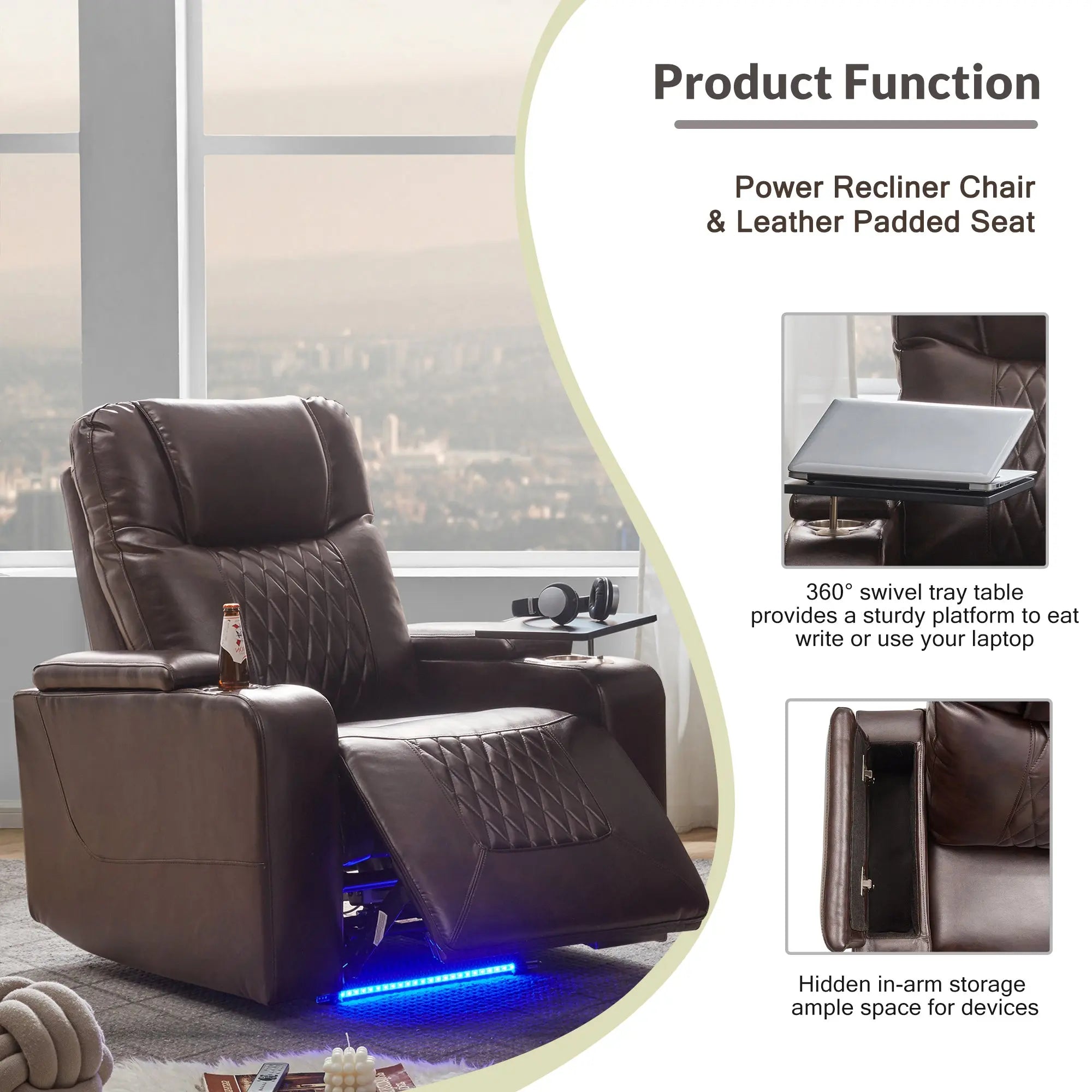 Bellemave® Power Motion Recliner with USB Charging Port and Hidden Arm Storage,2 Cup Holders and 360° Swivel Tray Table - Bellemave