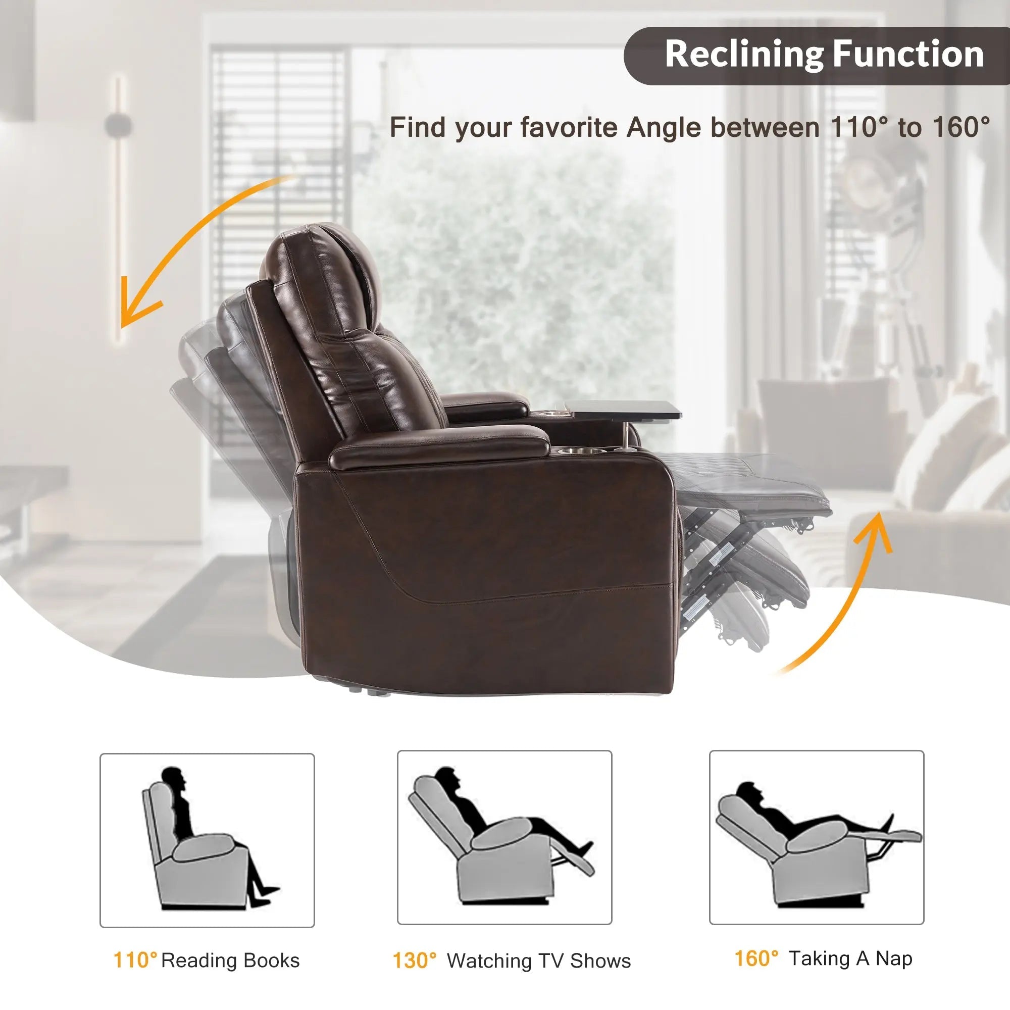Bellemave® Power Motion Recliner with USB Charging Port and Hidden Arm Storage,2 Cup Holders and 360° Swivel Tray Table - Bellemave