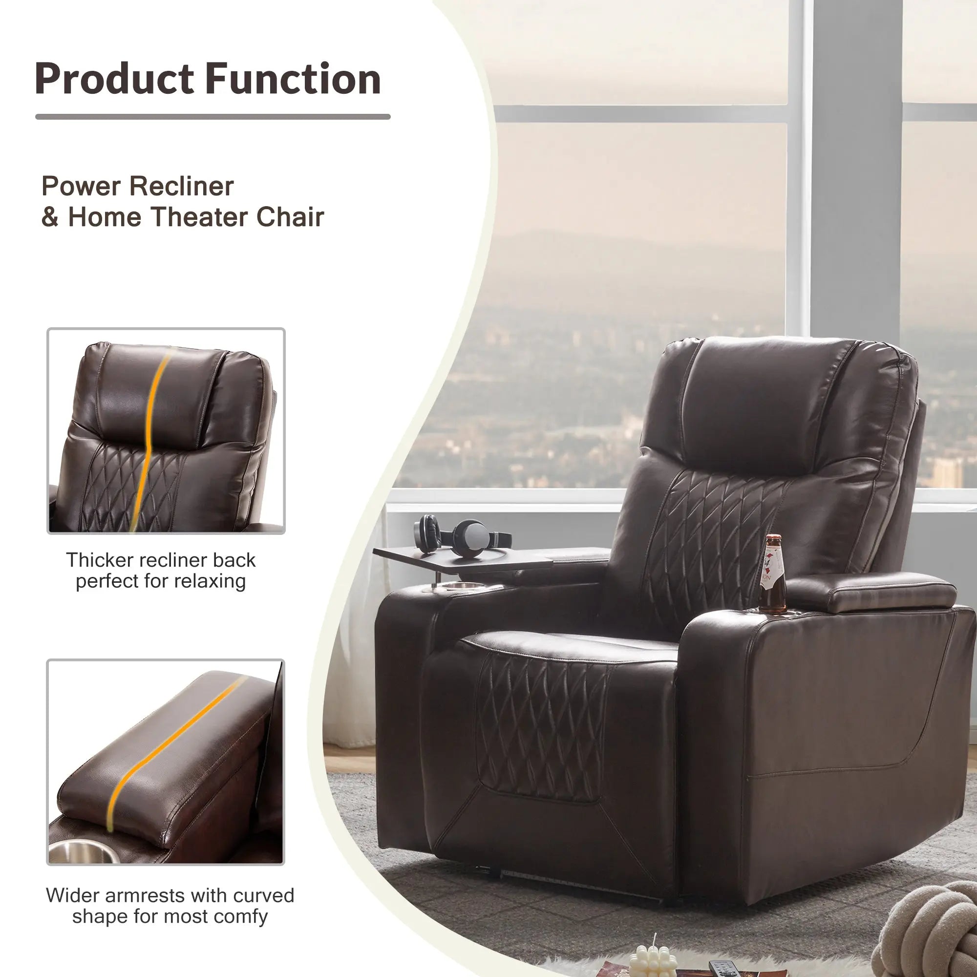 Bellemave® Power Motion Recliner with USB Charging Port and Hidden Arm Storage,2 Cup Holders and 360° Swivel Tray Table - Bellemave