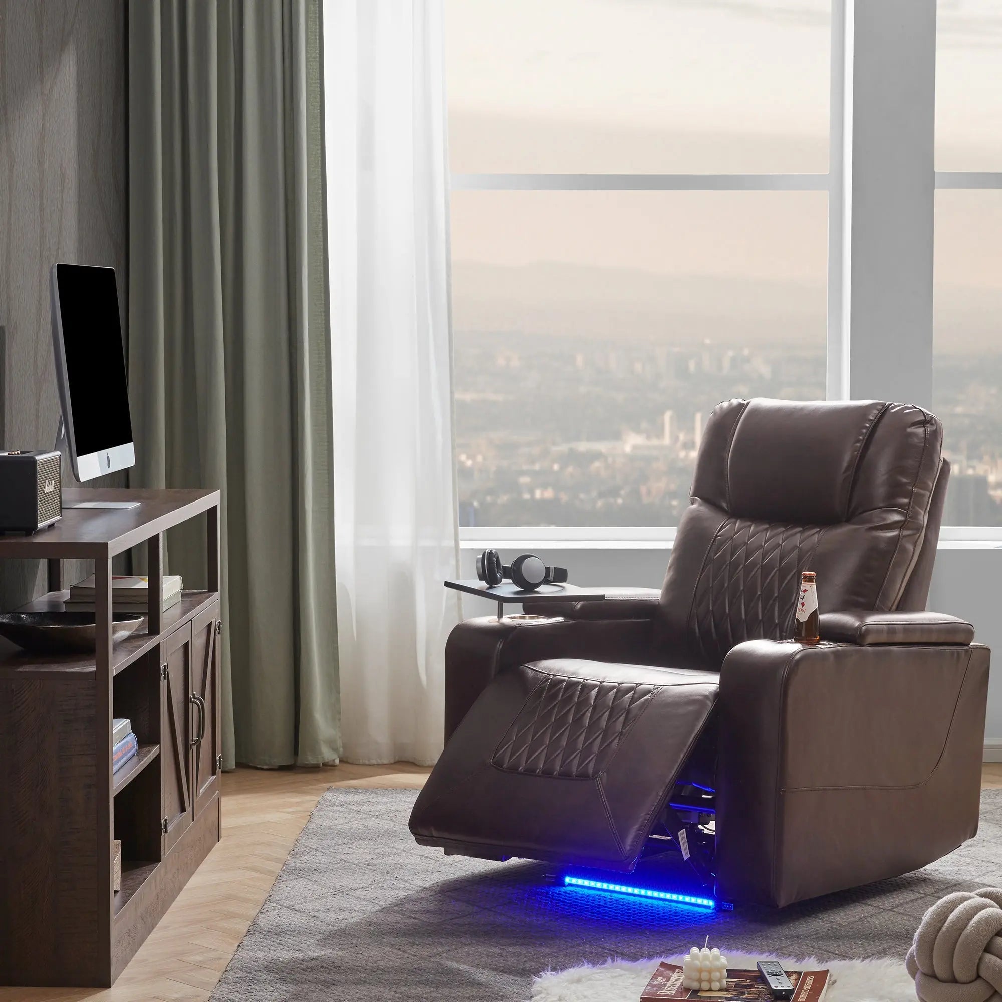 Bellemave® Power Motion Recliner with USB Charging Port and Hidden Arm Storage,2 Cup Holders and 360° Swivel Tray Table - Bellemave