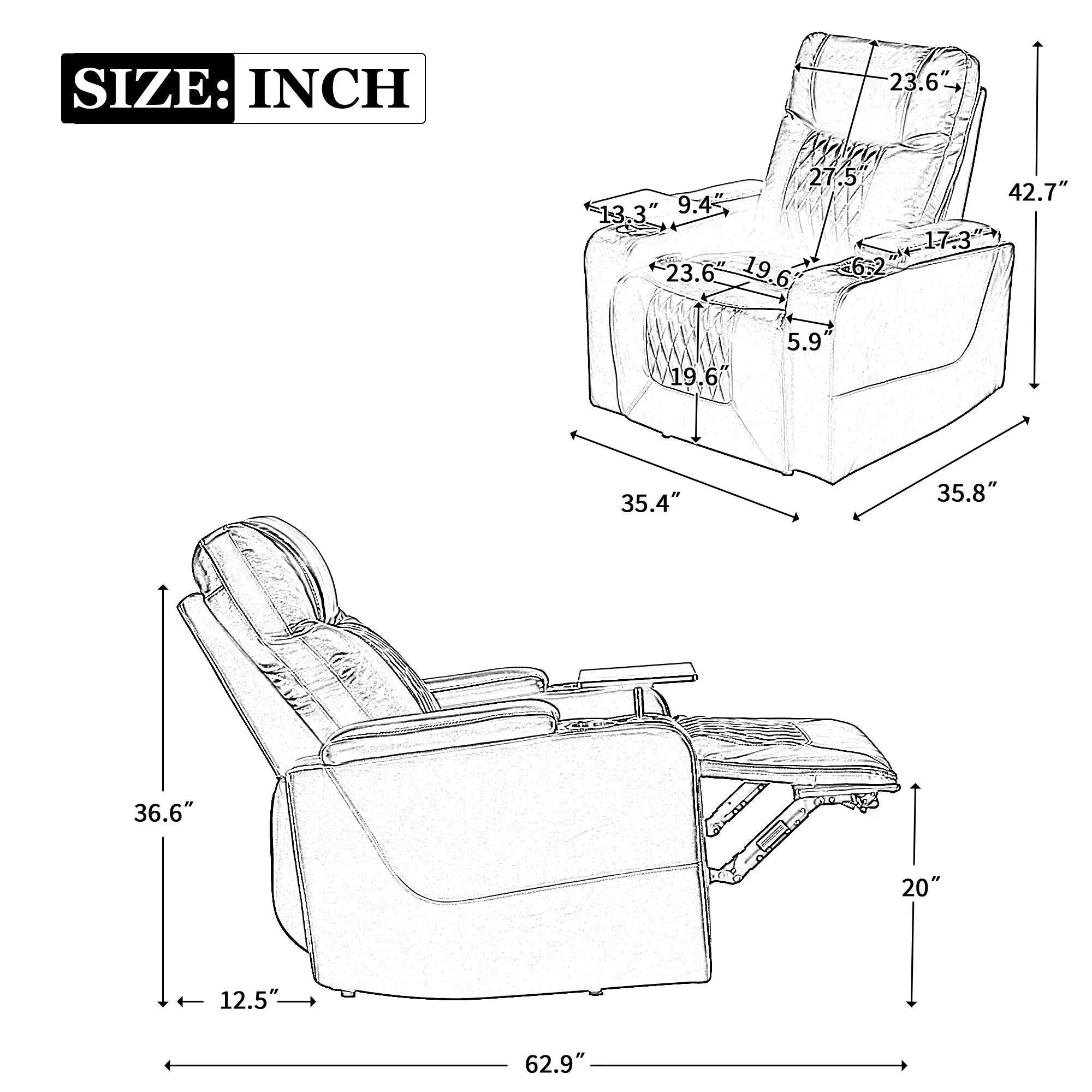 Bellemave® Power Motion Recliner with USB Charging Port and Hidden Arm Storage,2 Cup Holders and 360° Swivel Tray Table - Bellemave