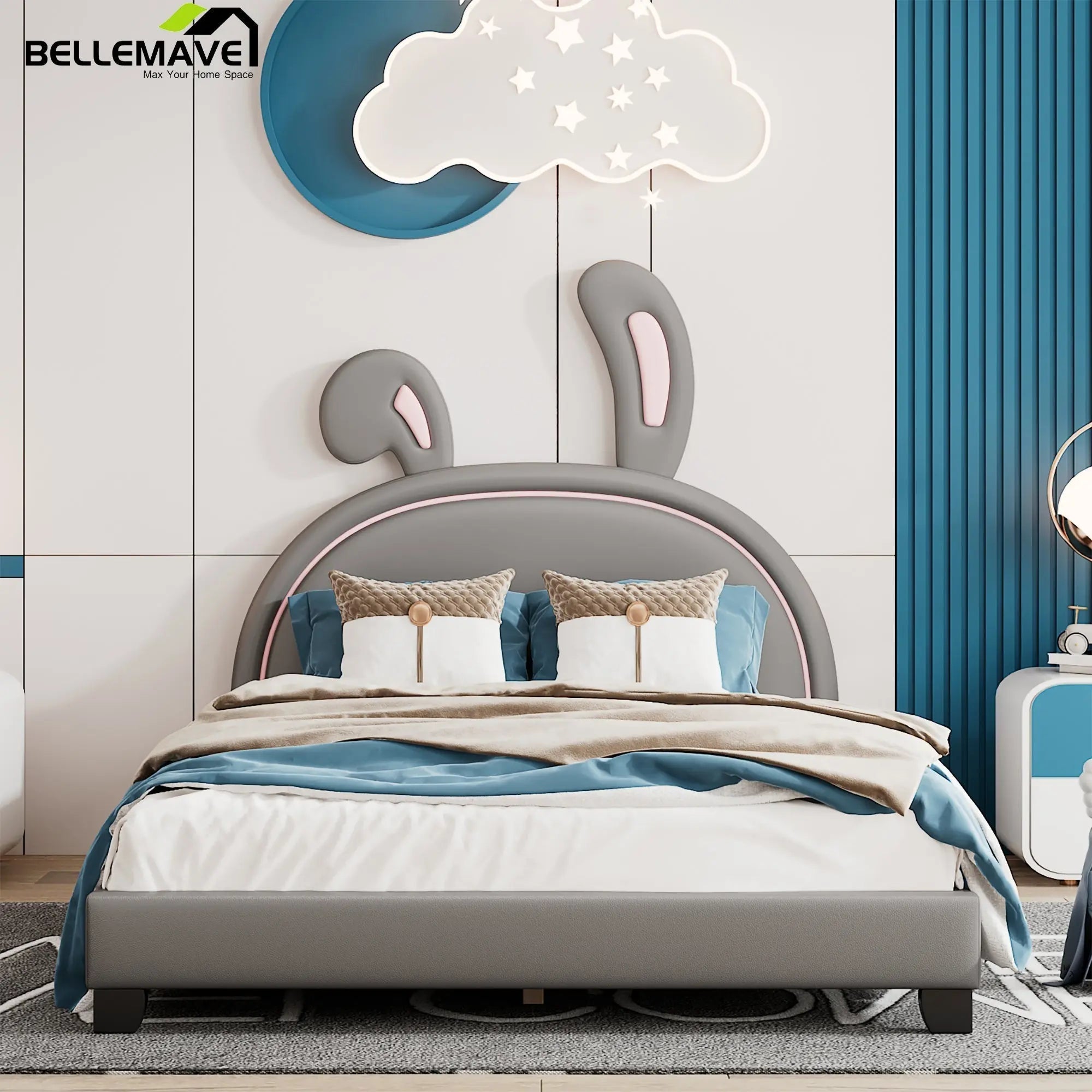 Bellemave® PU Leather Upholstered Platform Bed with Rabbit Ornament - Bellemave