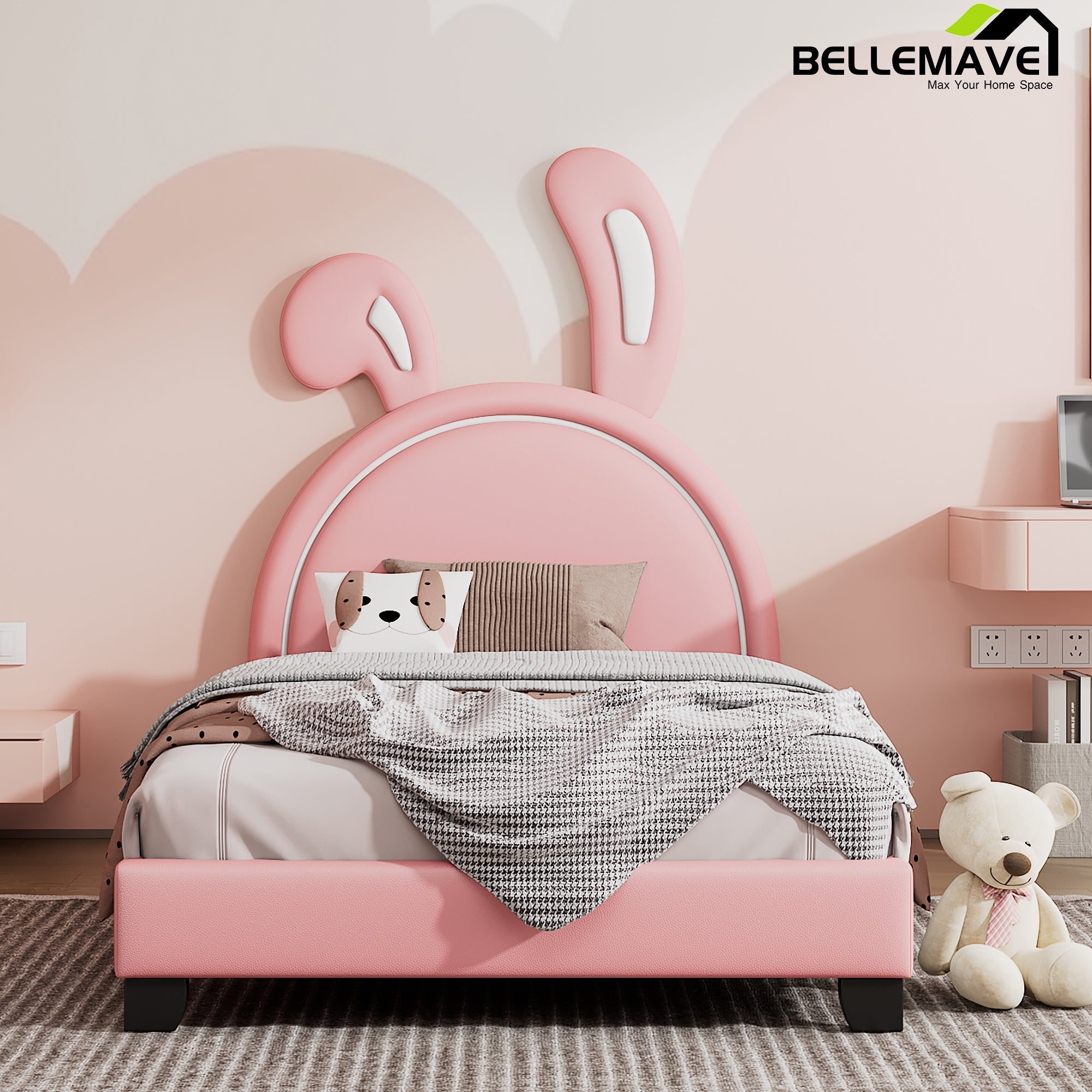 Bellemave PU Leather Upholstered Platform Bed with Rabbit Ornament - Bellemave