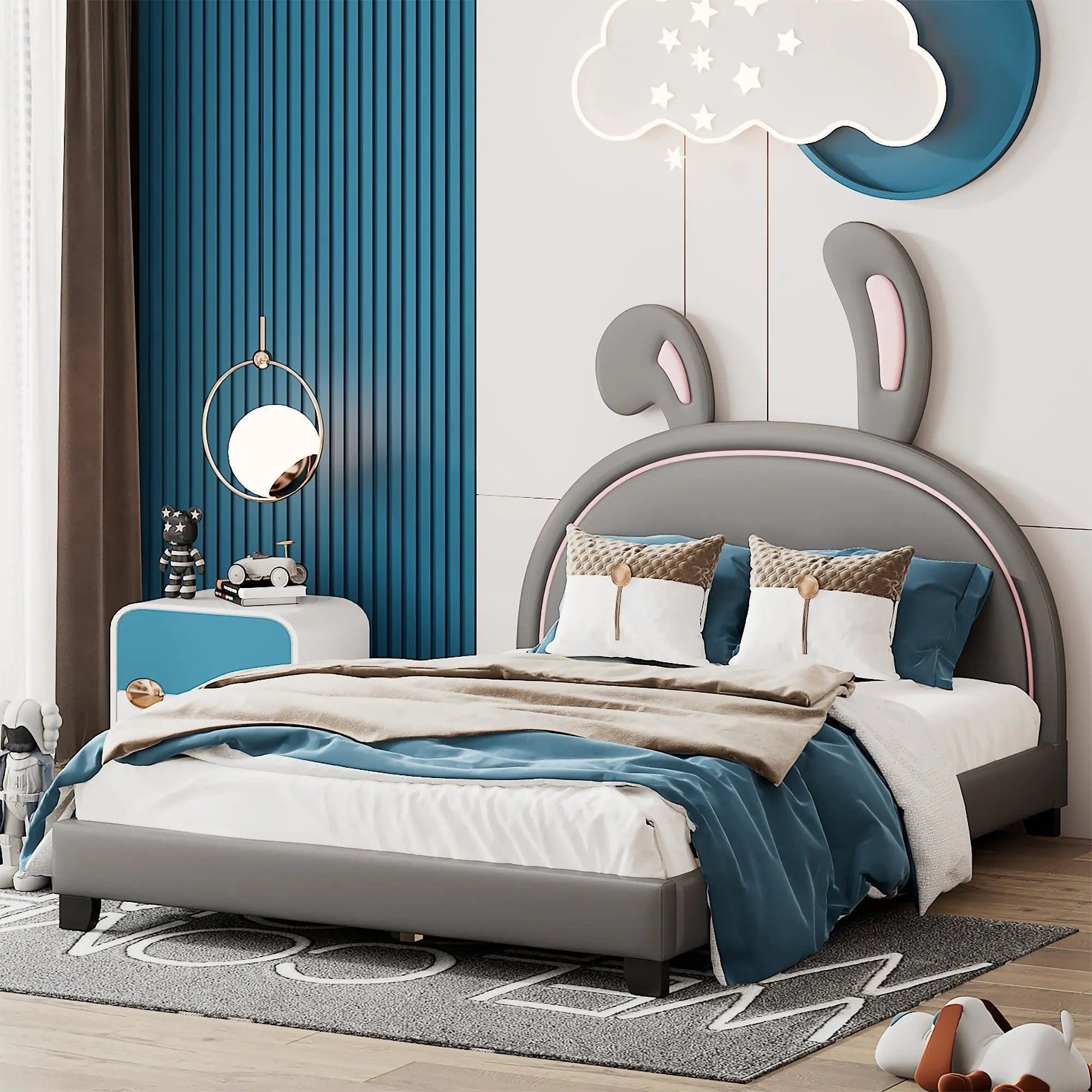Bellemave® PU Leather Upholstered Platform Bed with Rabbit Ornament - Bellemave