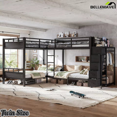 Bellemave® Quad Twin Bunk Bed with Storage, 4 Person Metal Bunk Bed with Wardrobe, Drawers & Open Shelves - Bellemave