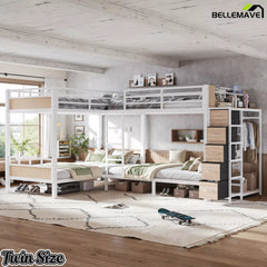 Bellemave® Quad Twin Bunk Bed with Storage, 4 Person Metal Bunk Bed with Wardrobe, Drawers & Open Shelves - Bellemave