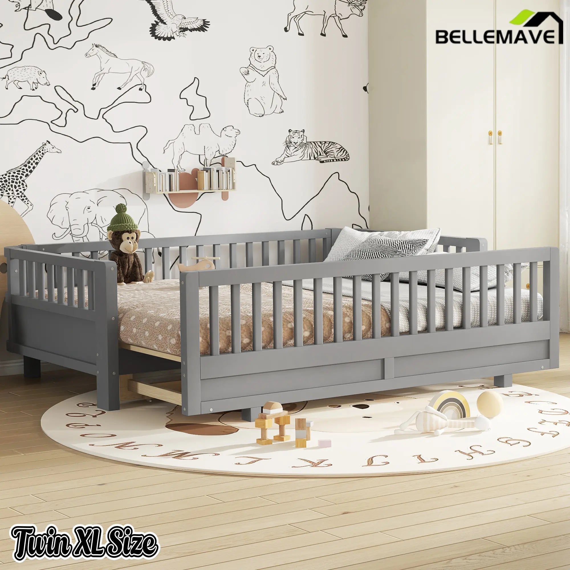 Bellemave® Queen Floor Bed or Twin XL Montessori Floor beds for Kids, Twin XL Can Be Converted into a Queen Platform Bed, Gray - Bellemave