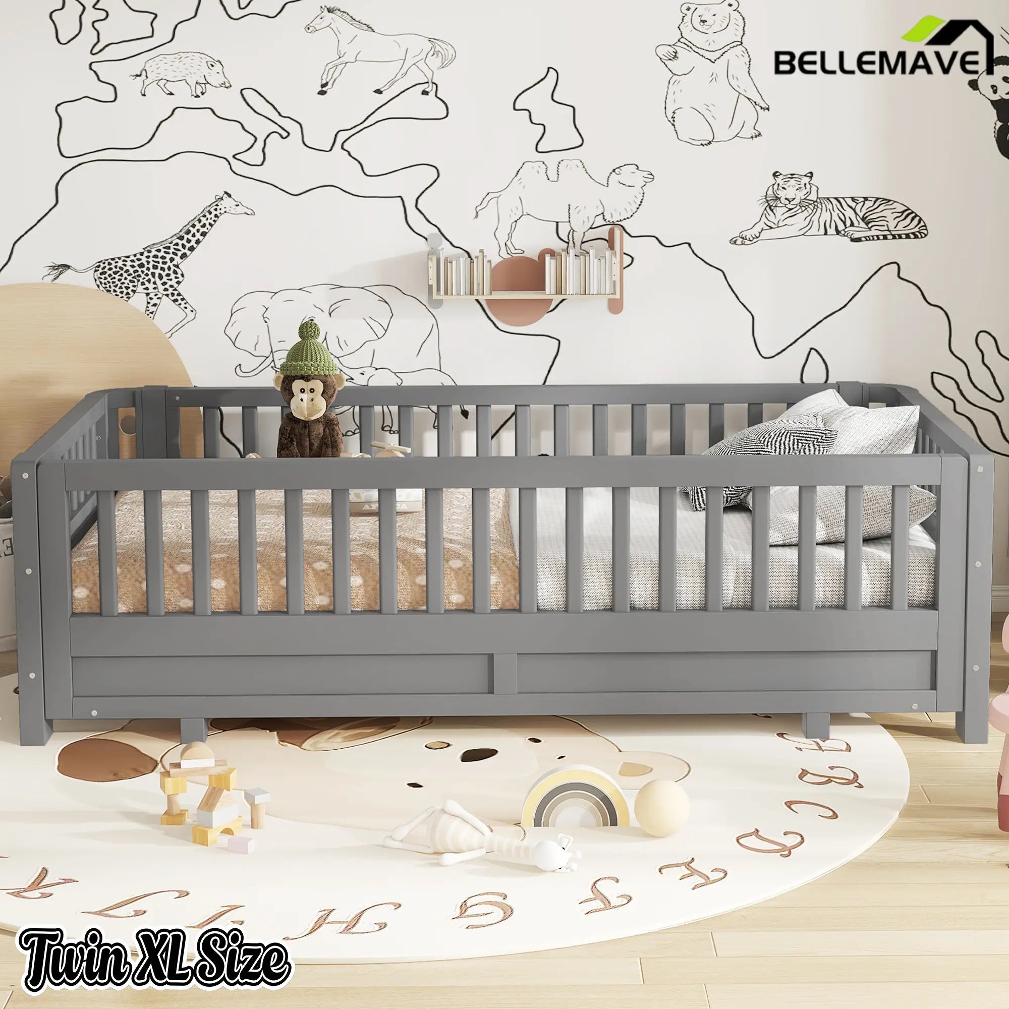 Bellemave® Queen Floor Bed or Twin XL Montessori Floor beds for Kids, Twin XL Can Be Converted into a Queen Platform Bed, Gray - Bellemave