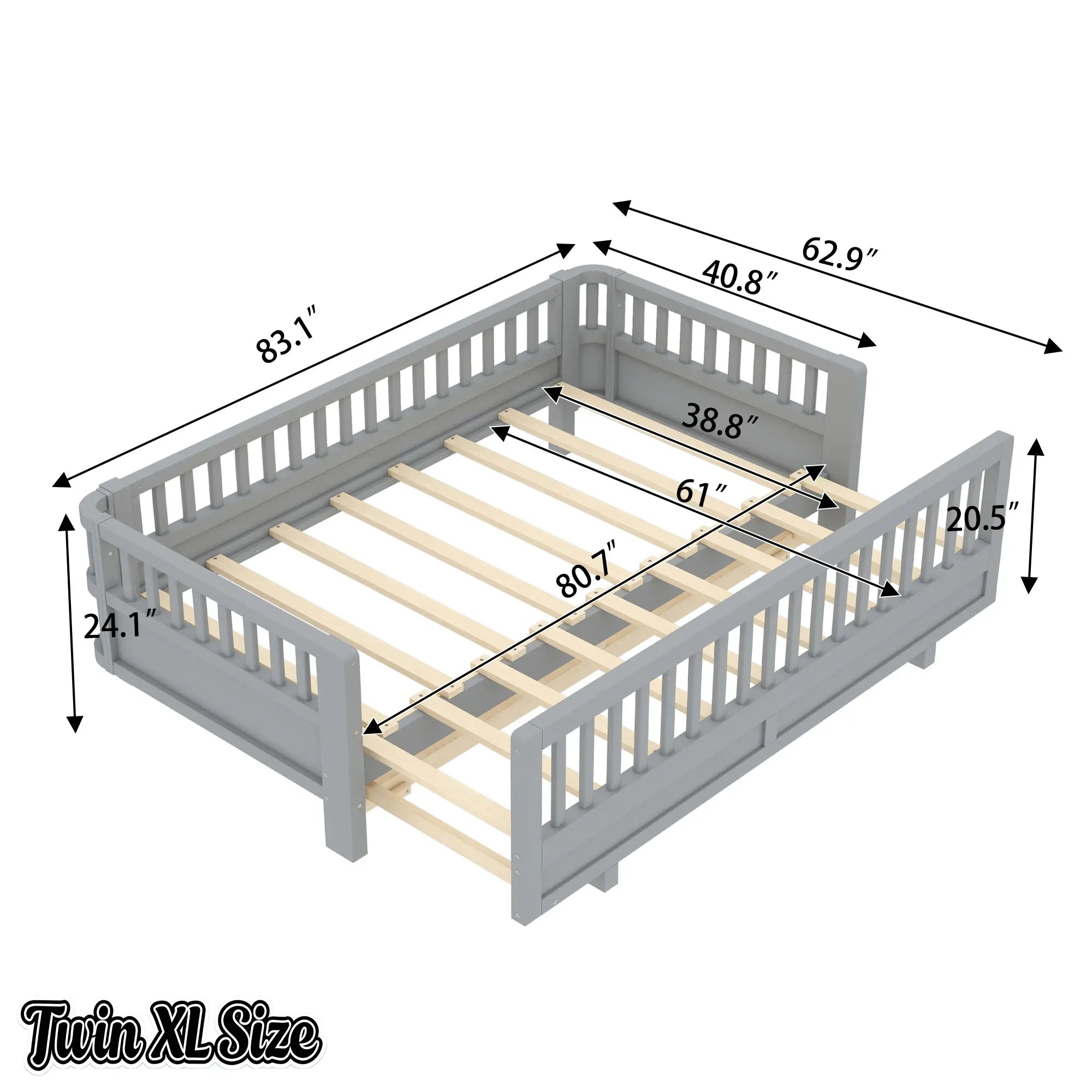 Bellemave® Queen Floor Bed or Twin XL Montessori Floor beds for Kids, Twin XL Can Be Converted into a Queen Platform Bed, Gray - Bellemave