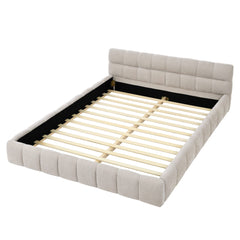 Bellemave® Queen Grounded Bed Frame with Headboard, Cute Puff Grid Pattern Chenille Upholstered Platform Floor Bed with Sturdy Slats - Bellemave