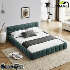 Bellemave® Queen Grounded Bed Frame with Headboard, Cute Puff Grid Pattern Chenille Upholstered Platform Floor Bed with Sturdy Slats - Bellemave