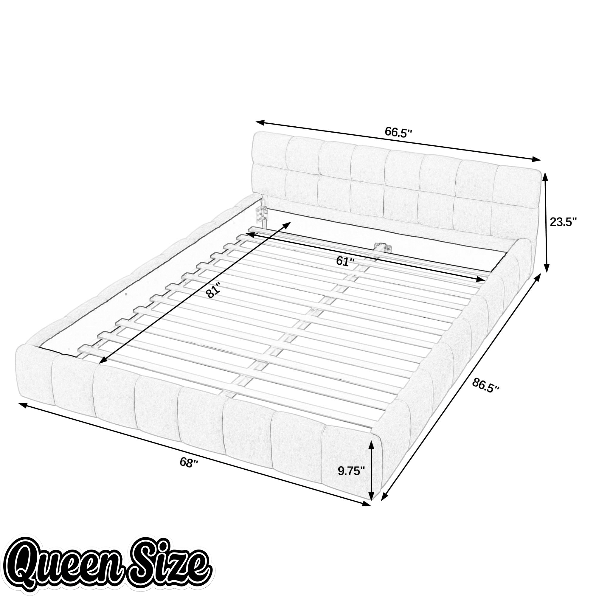 Bellemave® Queen Grounded Bed Frame with Headboard, Cute Puff Grid Pattern Chenille Upholstered Platform Floor Bed with Sturdy Slats - Bellemave