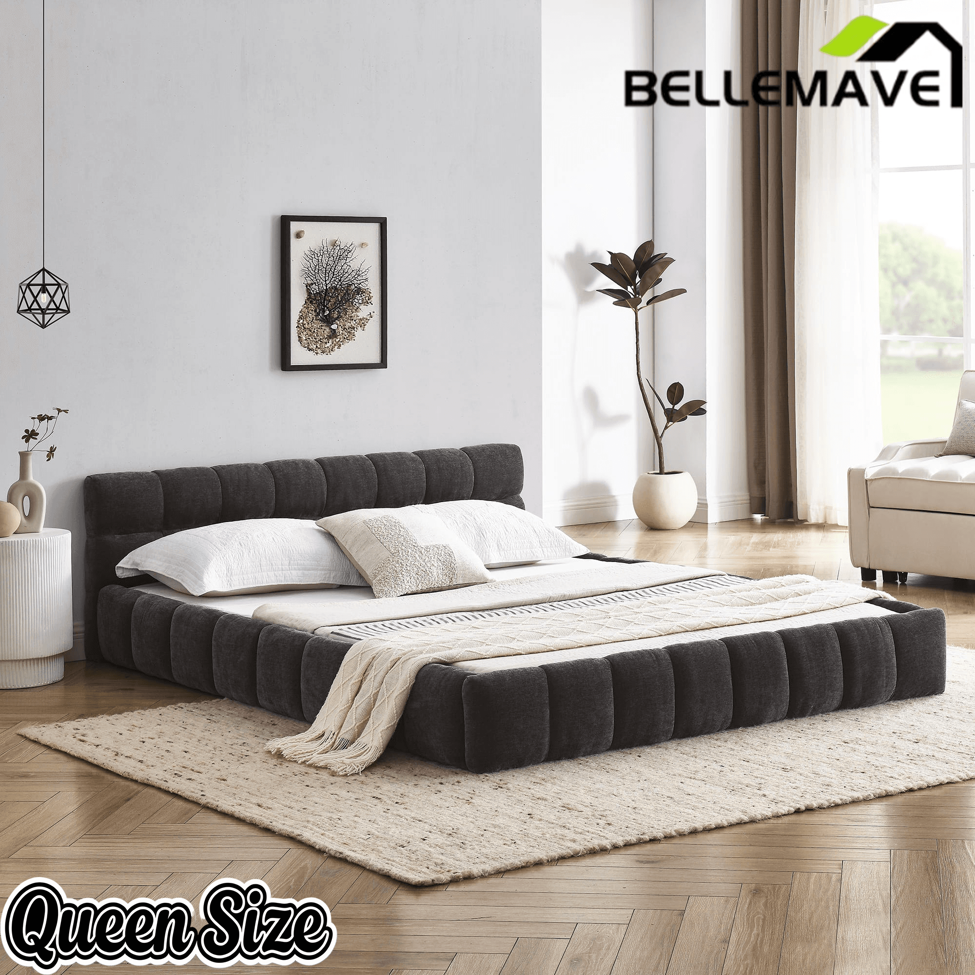 Bellemave® Queen Grounded Bed Frame with Headboard, Cute Puff Grid Pattern Chenille Upholstered Platform Floor Bed with Sturdy Slats - Bellemave