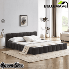 Bellemave® Queen Grounded Bed Frame with Headboard, Cute Puff Grid Pattern Chenille Upholstered Platform Floor Bed with Sturdy Slats - Bellemave