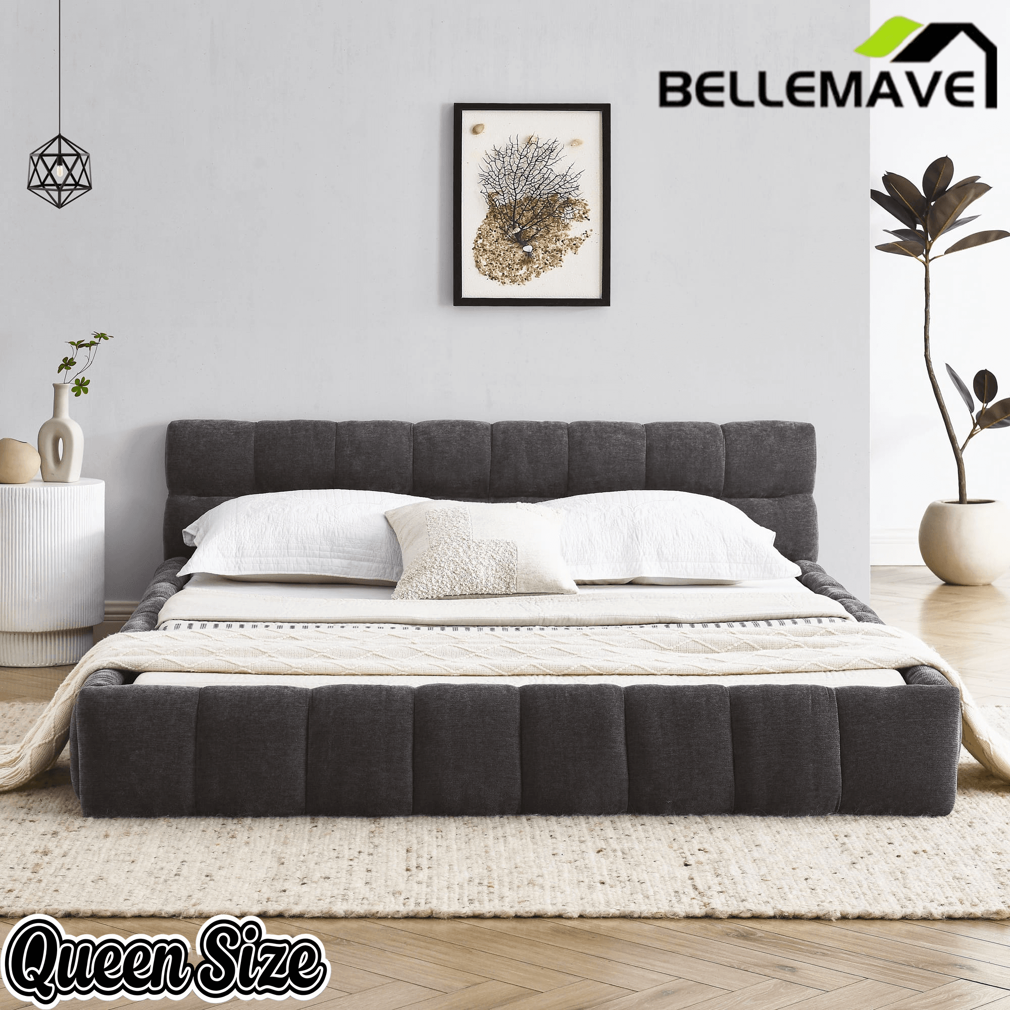 Bellemave® Queen Grounded Bed Frame with Headboard, Cute Puff Grid Pattern Chenille Upholstered Platform Floor Bed with Sturdy Slats - Bellemave