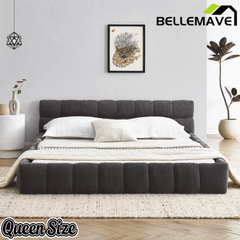 Bellemave® Queen Grounded Bed Frame with Headboard, Cute Puff Grid Pattern Chenille Upholstered Platform Floor Bed with Sturdy Slats - Bellemave