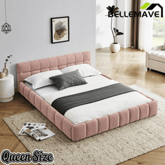Bellemave® Queen Grounded Bed Frame with Headboard, Cute Puff Grid Pattern Chenille Upholstered Platform Floor Bed with Sturdy Slats - Bellemave