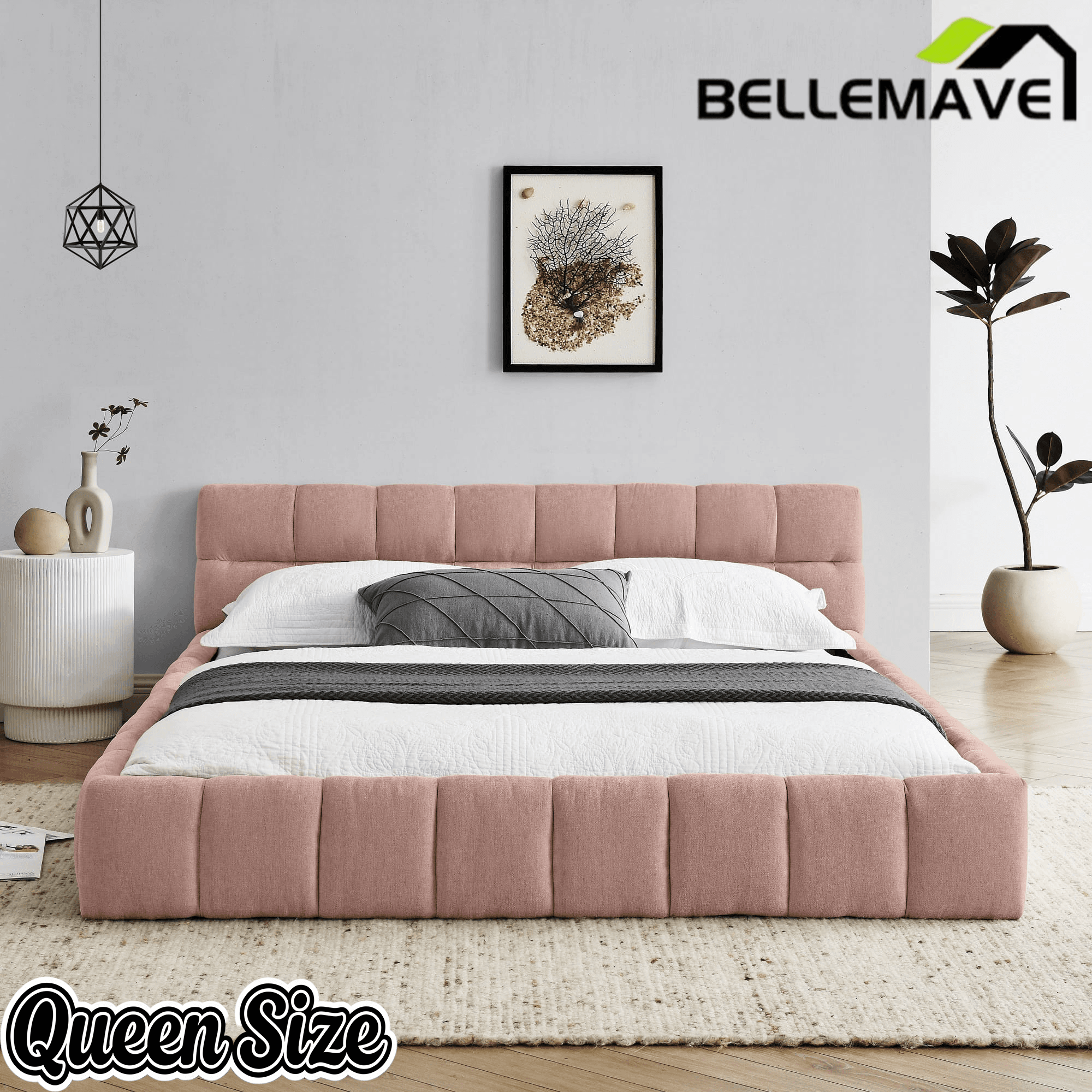 Bellemave® Queen Grounded Bed Frame with Headboard, Cute Puff Grid Pattern Chenille Upholstered Platform Floor Bed with Sturdy Slats - Bellemave