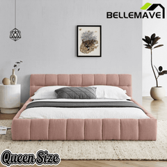 Bellemave® Queen Grounded Bed Frame with Headboard, Cute Puff Grid Pattern Chenille Upholstered Platform Floor Bed with Sturdy Slats - Bellemave