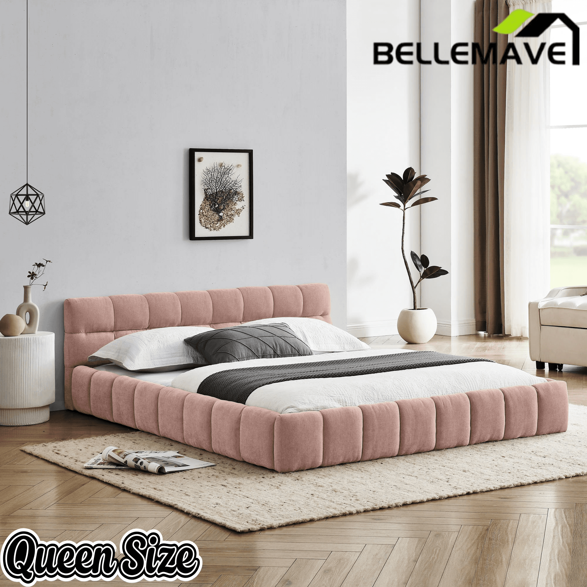 Bellemave® Queen Grounded Bed Frame with Headboard, Cute Puff Grid Pattern Chenille Upholstered Platform Floor Bed with Sturdy Slats - Bellemave